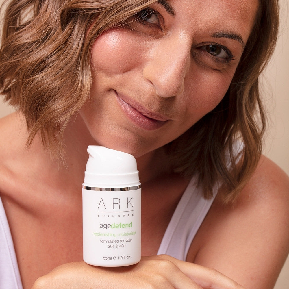 Model with ARK's Defend Moisturiser showing how it leaves skin hydrated & healthy. Perfect for those in their 30s & 40s