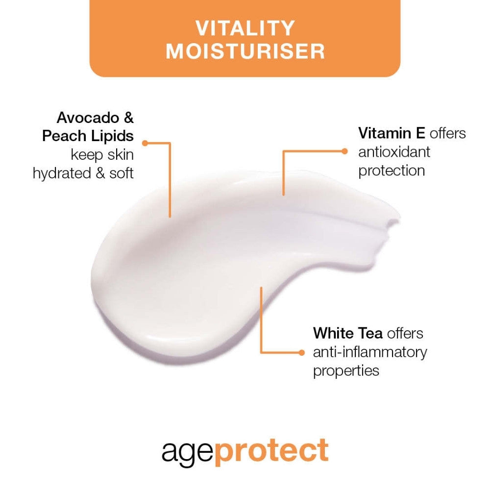 Age Protect Vitality Moisturiser has a lightweight cream texture, formulated for teens & 20s skin. Hydrates & protects